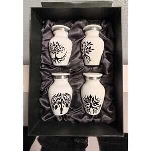 Brand New White Mini Cremation Urn Set of 4 Tree of Life Keepsake Urns